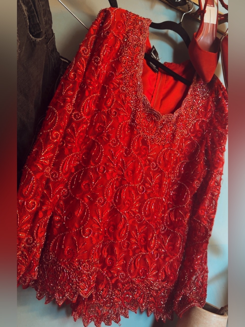 Vintage Laurence Kazar Red Beaded Sequin Top | L